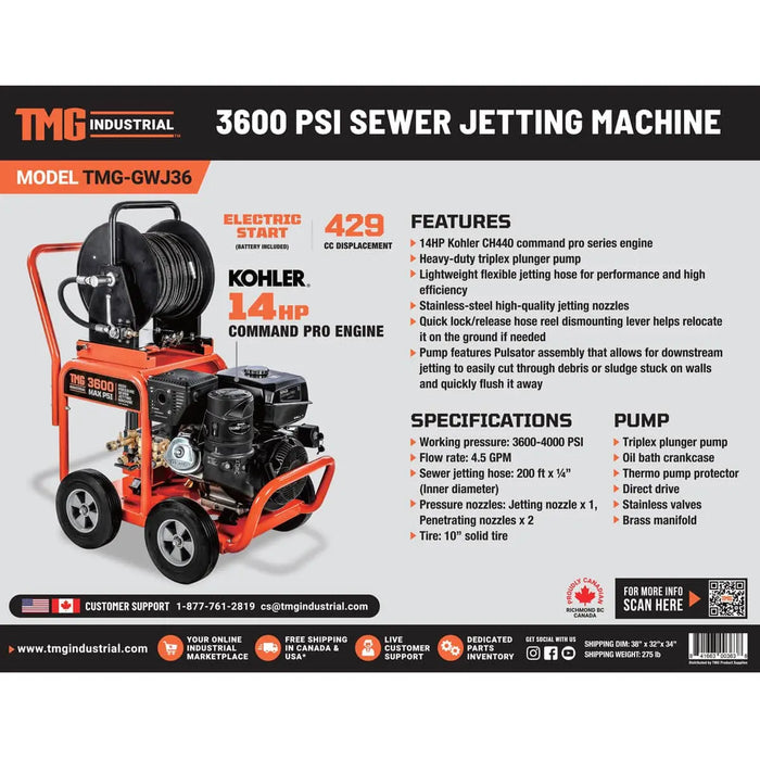 Tmg Machine TMG 3600 PSI Sewer Jetter Drain Cleaner with Kohler 14 HP Gas Engine ...