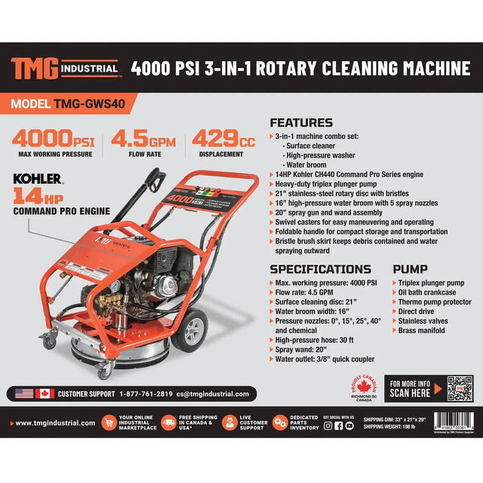 Tmg Machine TMG 4000 PSI Surface Cleaner, 14 HP Kohler Engine, 21