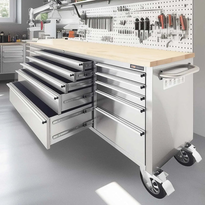TMG Industrial 72” Stainless Steel Rolling Workbench, Rubberwood Tabletop, 15 Lockable Drawers, Locking Wheels, TMG-WB7215S