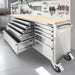 TMG Industrial 72” Stainless Steel Rolling Workbench, Rubberwood Tabletop, 15 Lockable Drawers, Locking Wheels, TMG-WB7215S