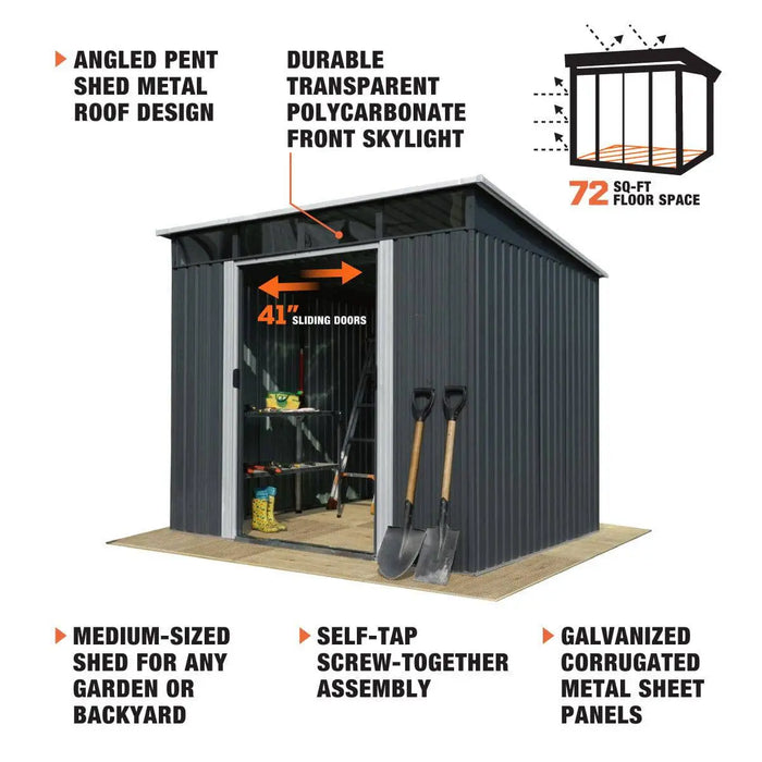 TMG Industrial 8’ x 9’ Galvanized Metal Pent Shed w/Skylight, 29 GA Corrugated Metal, 80” Peak Ceiling, TMG-MS0809P