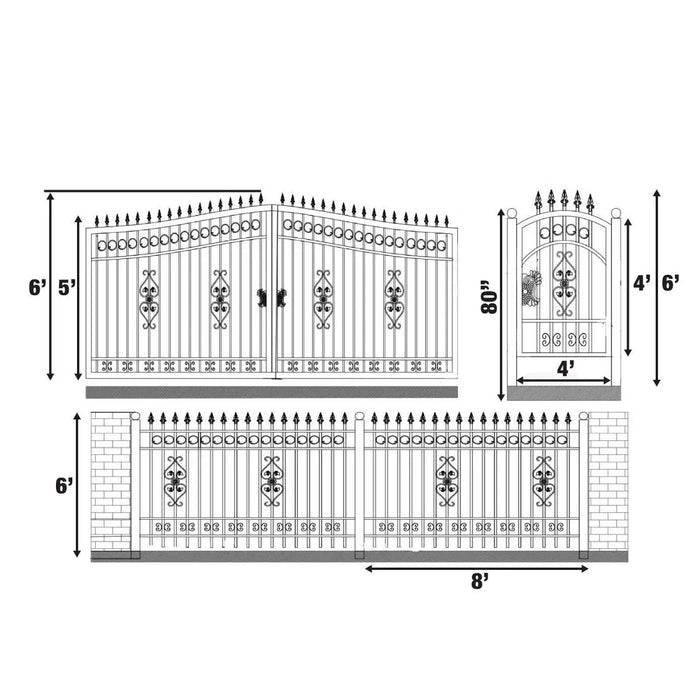TMG Industrial 88-ft Bi-Parting Ornamental Wrought Iron Gate & Fence Panels Combo Pack, All Steel, Powder Coated, TMG-MG88P