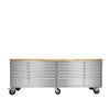 96" Stainless Steel Rolling Workbench, Rubberwood Tabletop, 24 Lockable Drawers, Locking Wheels, TMG-WB9624S