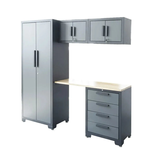 TMG Industrial Pro Series 5-Piece Garage Cabinet Combo, 1 Locker + 2 Overhead Cabinets + 4-Drawer Cabinet, 3 Shelves Per Locker, TMG-GCC05