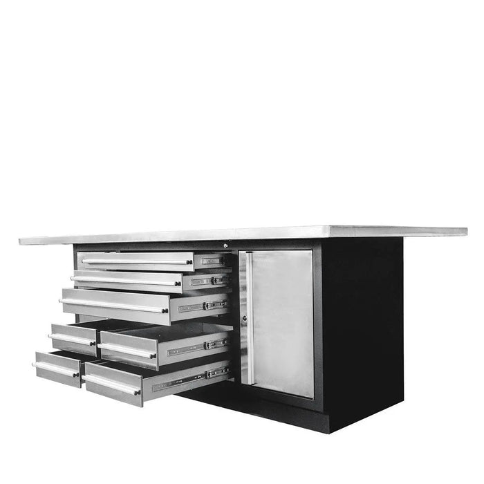 TMG Industrial Pro Series Stainless-Steel Extra-Large 85” x 45” Platform Workbench, 7 Lockable Drawers, 2 Storage Cabinets, All-in-One Welded Frame, TMG-WB708S (Previously TMG-WB85XS)