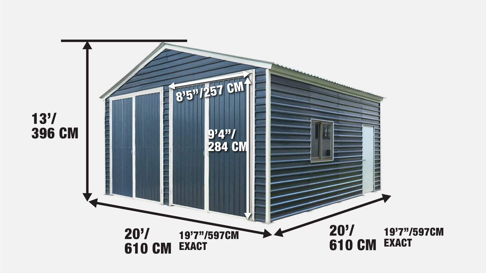 Metalen garage/schuur van 6 x 6 meter, dubbele voordeuren van 2,7 meter hoog, nokhoogte van 3,9 meter, 37 vierkante meter TMG-MS2020-specifications-image