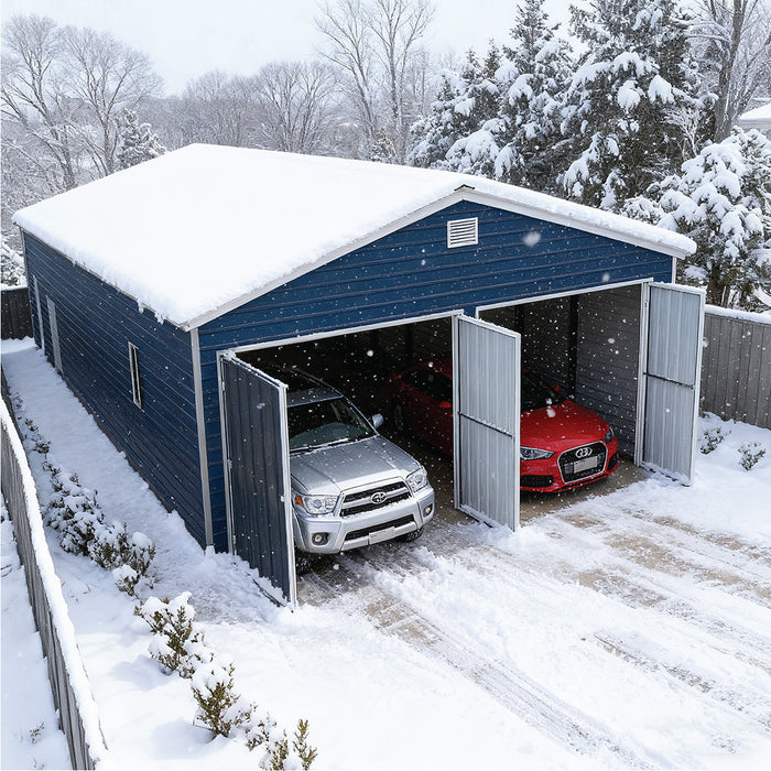 Metalen garage/schuur van 6 x 12 meter, dubbele voordeuren van 2,7 meter hoog, nokhoogte van 3,9 meter, 74 vierkante meter TMG-MS2040