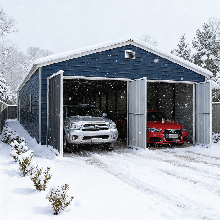 Metalen garage/schuur van 6 x 12 meter, dubbele voordeuren van 2,7 meter hoog, nokhoogte van 3,9 meter, 74 vierkante meter TMG-MS2040