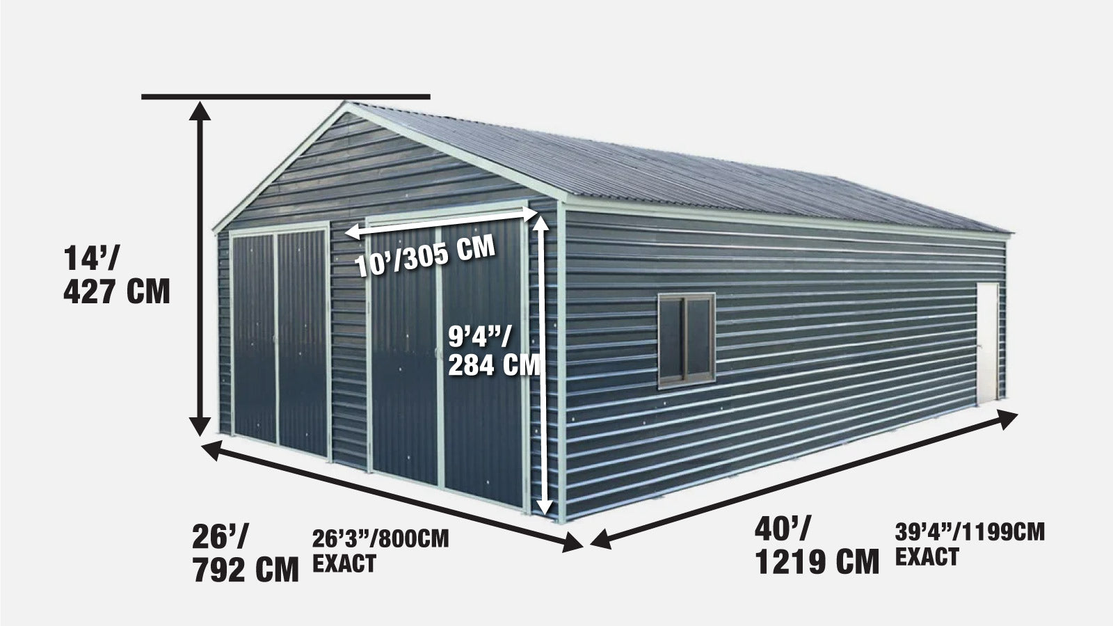 8 x 12 m Metal Garage Shed with Double Front & Side Doors, 4.3 m Peak Height, TMG-MS2640-specifications-image
