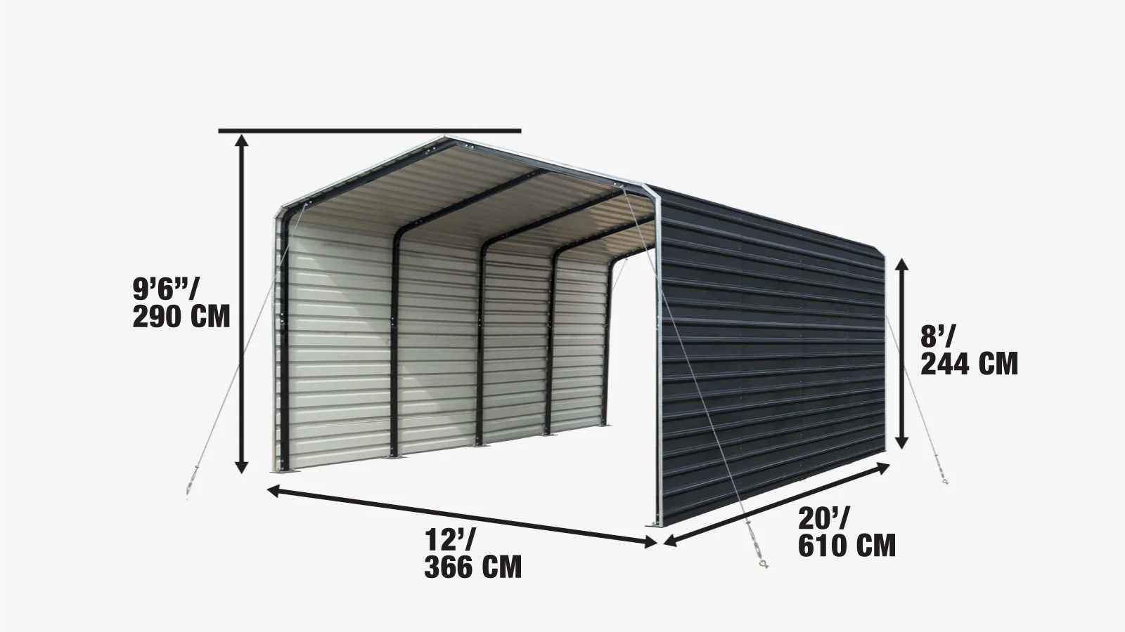 Metalen schuur/carport van 3,6 x 6 meter met gesloten zijwanden van 2,4 meter hoog, TMG-MSC1220F-specifications-image