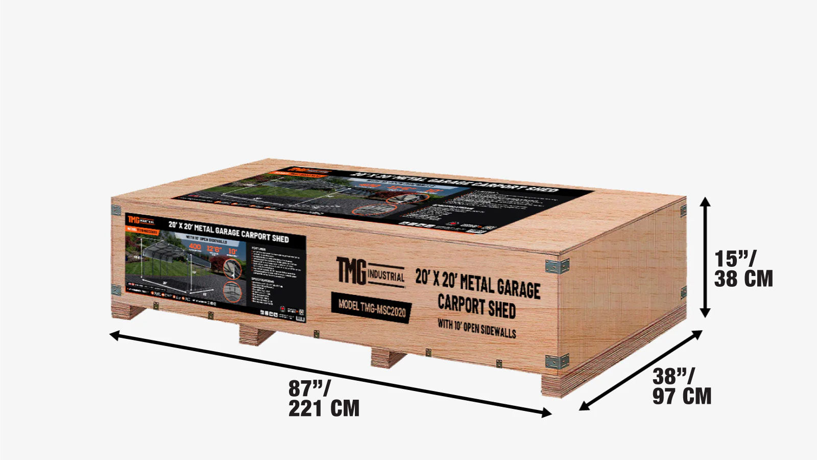 Metalen schuur/carport van 6 x 6 meter, open zijwanden van 3 meter, 37 vierkante meter, golfplaten van 27 gauge, TMG-MSC2020-shipping-info-image
