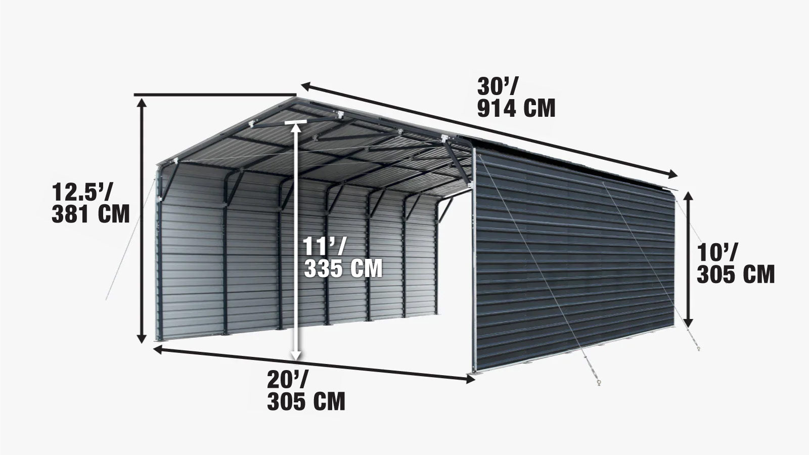 Metalen schuur/carport van 6 x 9 meter, 3 meter hoge zijwanden, 56 vierkante meter, 27 gauge golfplaten, TMG-MSC2030F-specifications-image