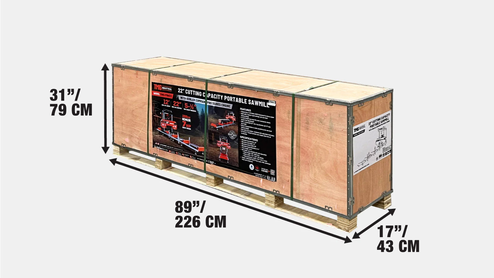 Draagbare zaagmachine van 22 inch met Kohler 7 pk benzinemotor – Bandzaagmachine voor boomstammen van 12 voet TMG-PSM22-shipping-info-image