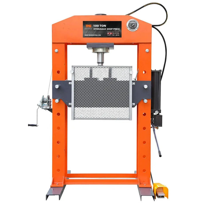 TMG Industrial 100 Ton Capacity Hydraulic Shop Press, Heavy Duty Pressing, Protective Grid Guard, Fully Welded H-Frame, Air & Manual Dual Operation, TMG-SP100