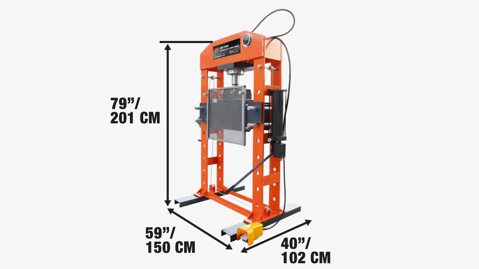 Hydraulische werkplaatspers met een capaciteit van 100 ton, geschikt voor zware perswerkzaamheden, voorzien van een beschermend rooster, volledig gelast H-frame, pneumatische en handmatige bediening, TMG-SP100-specifications-image