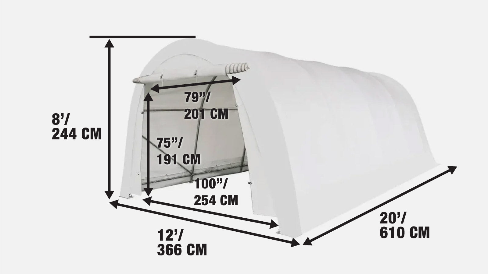 Autooverkapping van 3,6 x 6 meter met afgerond dak en robuuste hoes van 11 oz PE-stof, gegalvaniseerd stalen frame, oprolbare stoffen voordeur, TMG-ST1220R-specifications-image