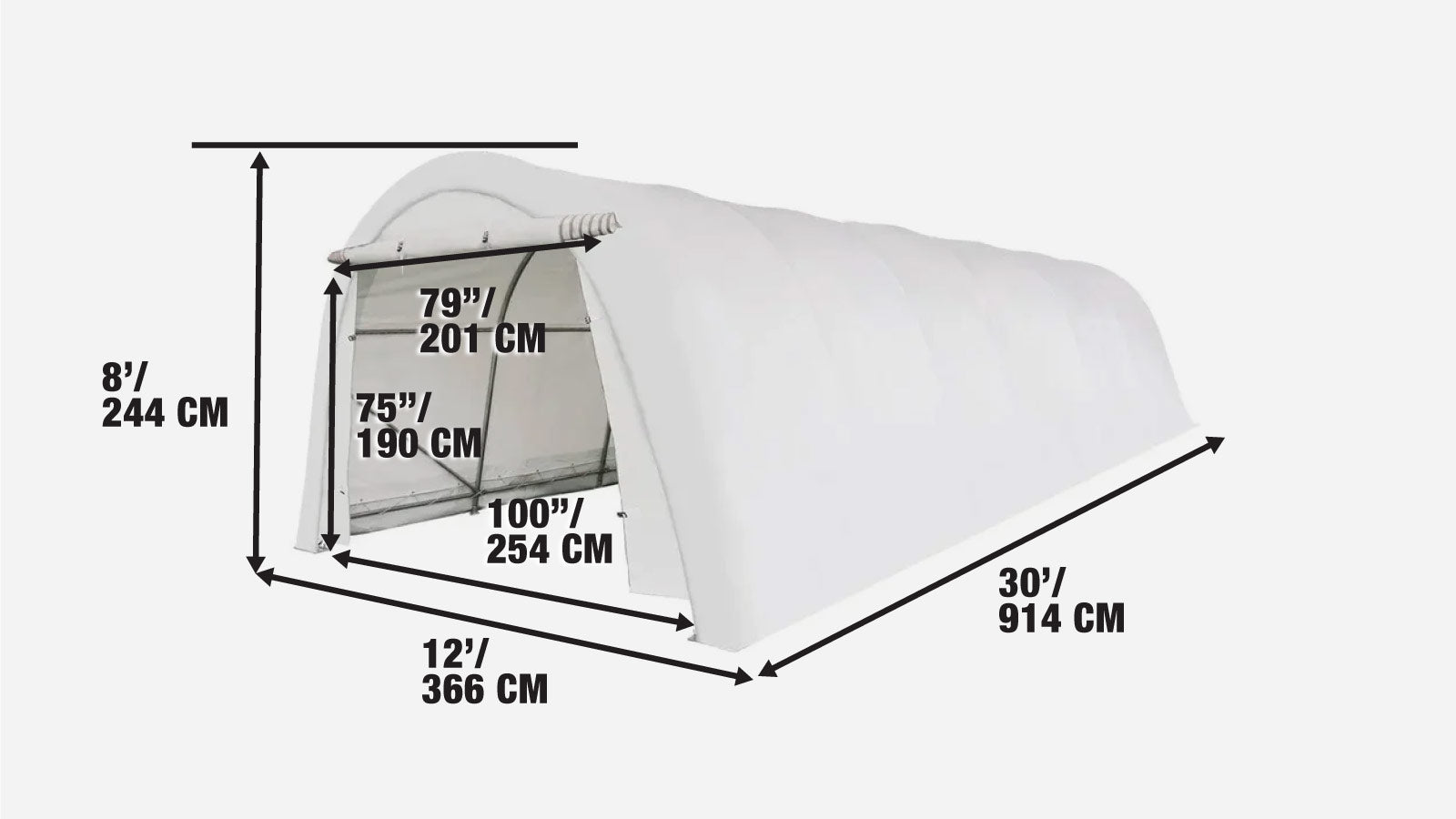 Autooverkapping van 3,6 x 9 meter met afgerond dak en robuuste hoes van 11 oz PE-stof, gegalvaniseerd stalen frame, oprolbare stoffen voordeur, TMG-ST1230R-specifications-image