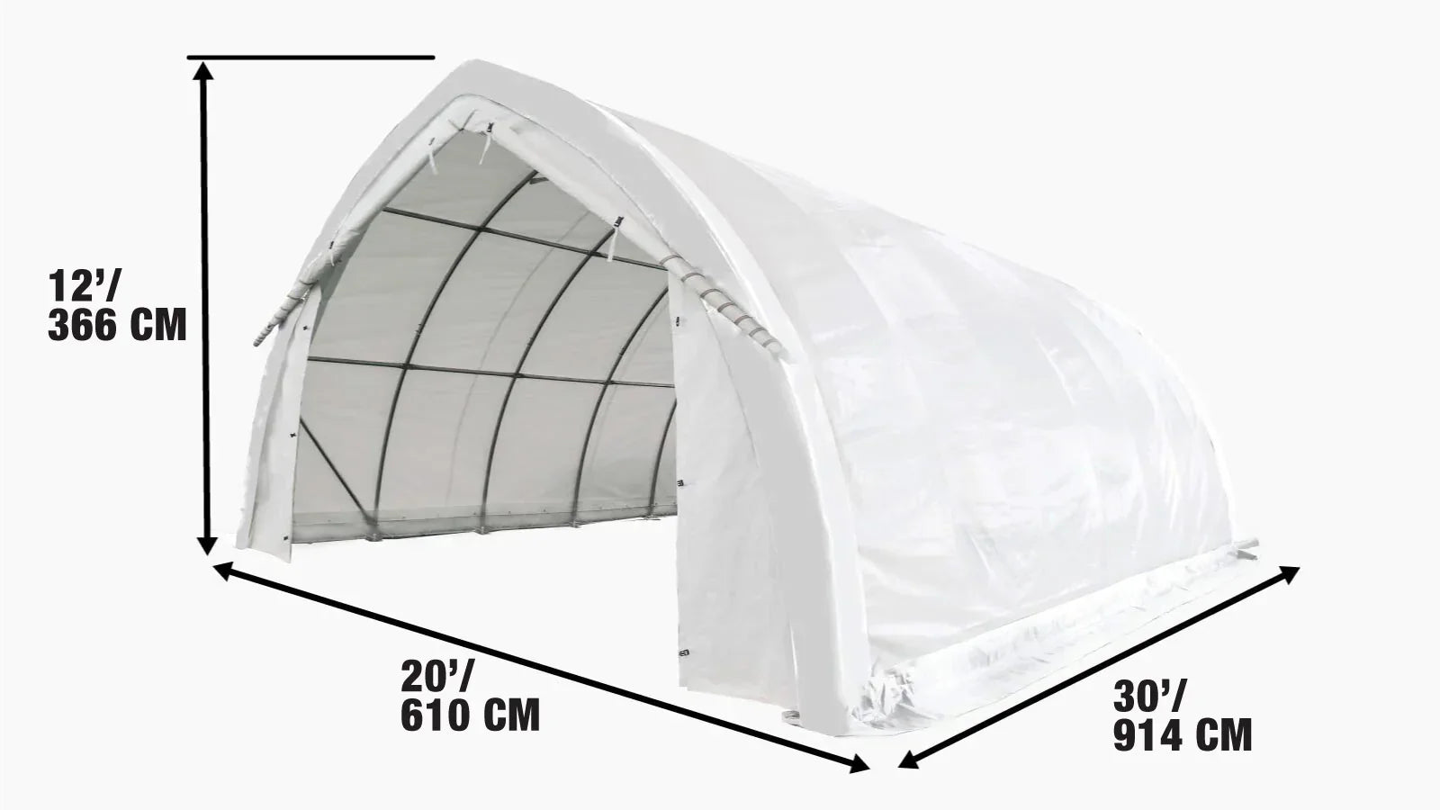 Opslagloods met boogvormige wanden, puntdak, 6 x 9 meter, zware 17 oz PVC-afdekking en doorrijdeuren, TMG-ST2031PV (voorheen ST2030PV)-specifications-image