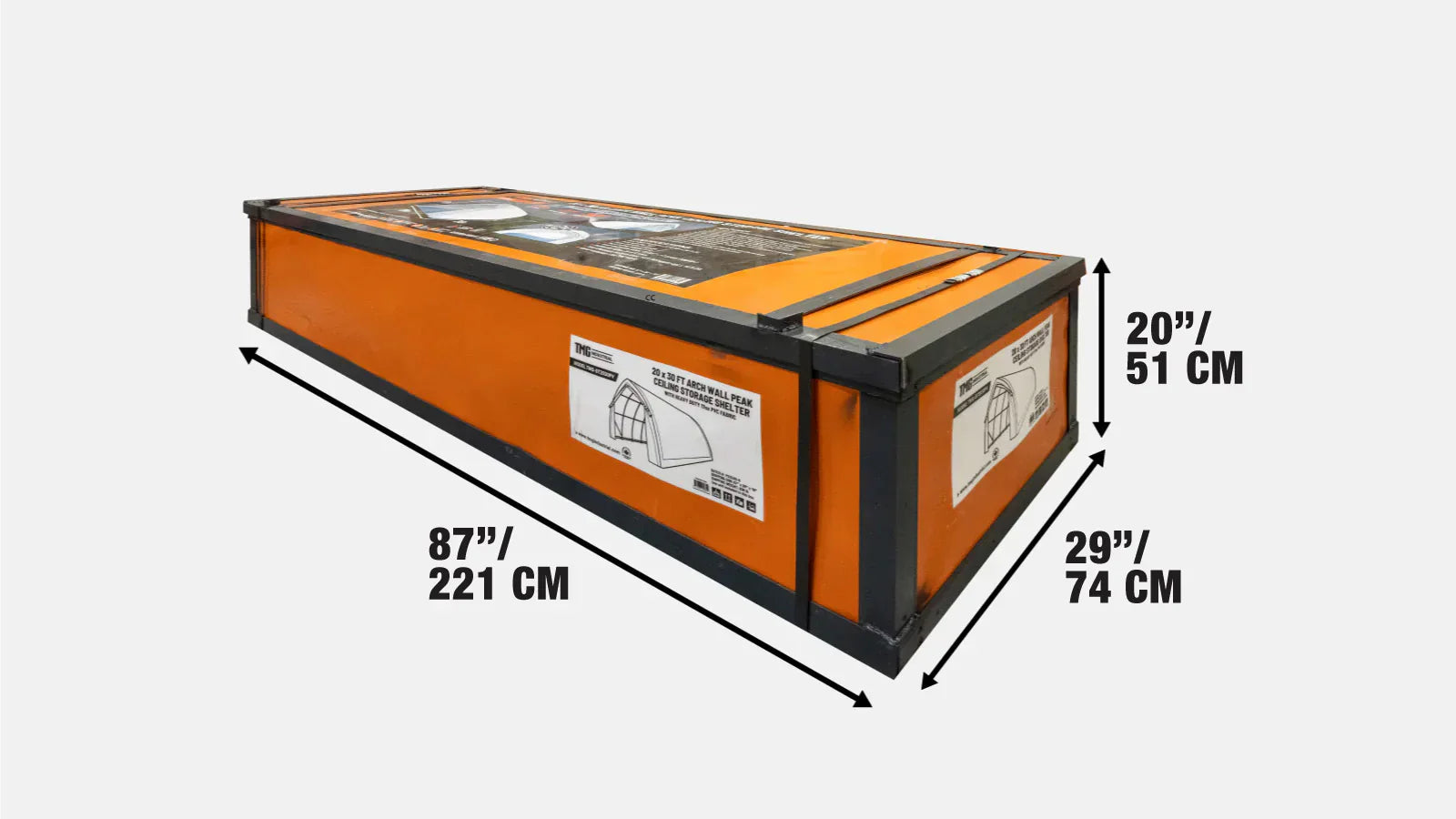 Opslagloods met boogvormige wanden, puntdak, 6 x 9 meter, zware 17 oz PVC-afdekking en doorrijdeuren, TMG-ST2031PV (voorheen ST2030PV)-shipping-info-image