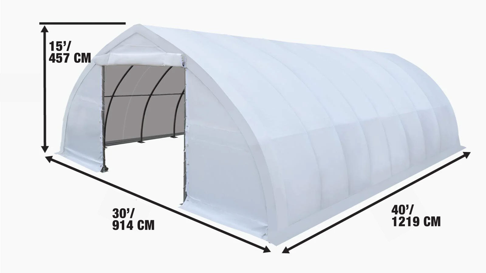 Opslagloods met een nokhoogte van 9 x 12 meter, voorzien van een robuuste afdekking van 480 gram PVC en doorrijdeuren, TMG-ST3040V-specifications-image