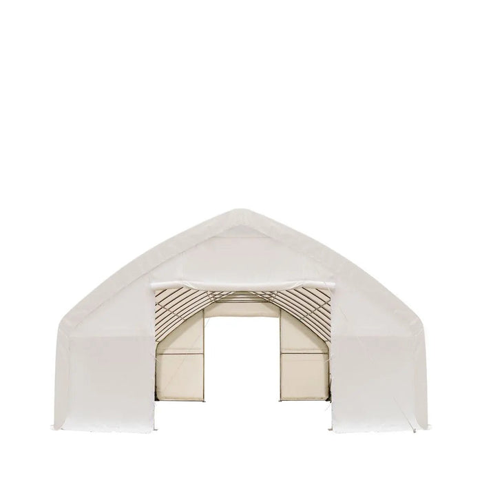 TMG Industrial 30' x 50' Straight Wall Peak Ceiling Storage Shelter with Heavy Duty 17 oz PVC Cover & Drive Through Doors, TMG-ST3050V