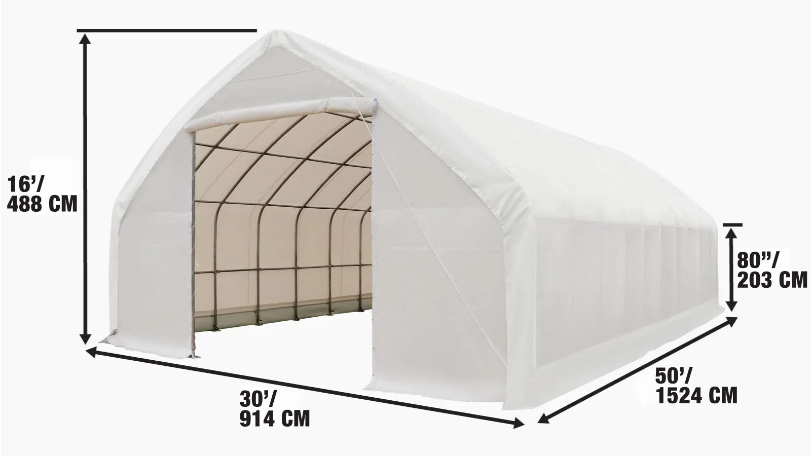 Opslagloods van 9 x 15 meter met rechte wanden en puntdak, voorzien van een robuuste PVC-hoes van 480 gram en doorrijdeuren, TMG-ST3050V-specifications-image