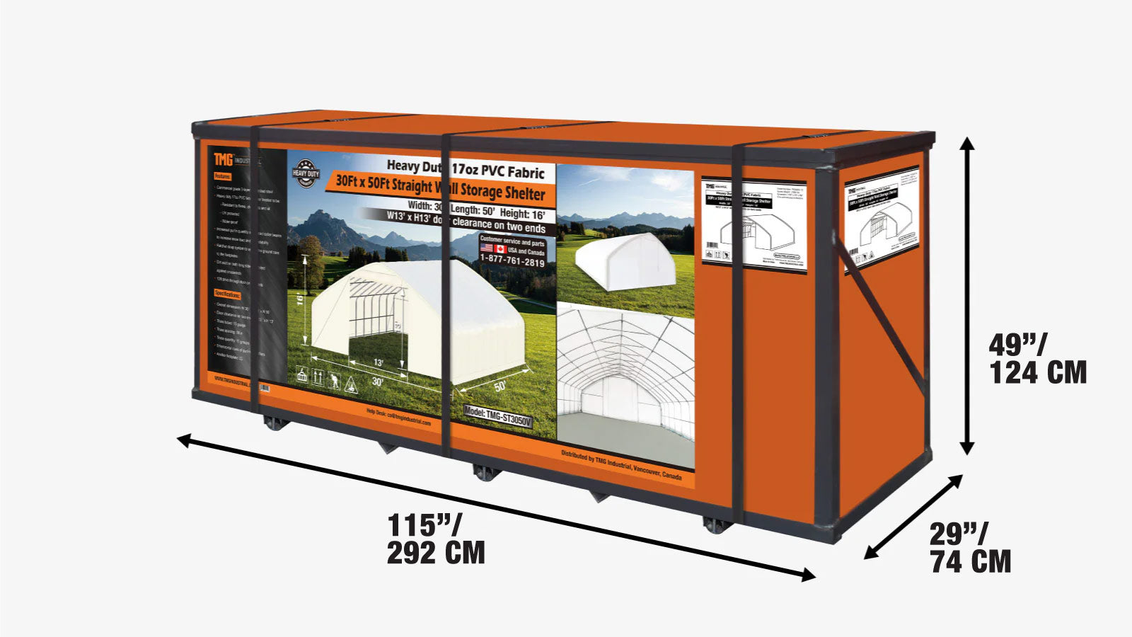 Opslagloods van 9 x 15 meter met rechte wanden en puntdak, voorzien van een robuuste PVC-hoes van 480 gram en doorrijdeuren, TMG-ST3050V-shipping-info-image