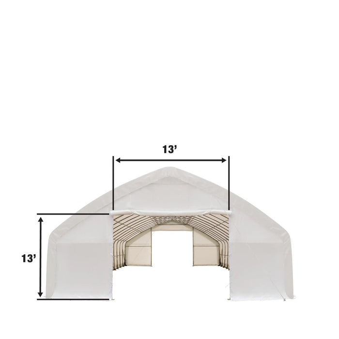 TMG Industrial 30' x 70' Straight Wall Peak Ceiling Storage Shelter with Heavy Duty 17 oz PVC Cover & Drive Through Doors, TMG-ST3070V