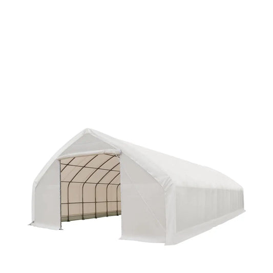 TMG Industrial 30' x 70' Straight Wall Peak Ceiling Storage Shelter with Heavy Duty 17 oz PVC Cover & Drive Through Doors, TMG-ST3070V