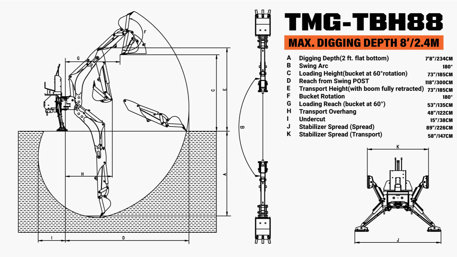 Graafmachine met zwenkarm van 2,4 meter, 180° draaibare giek en bak, inclusief 30 cm bak TMG-TBH88-specifications-image