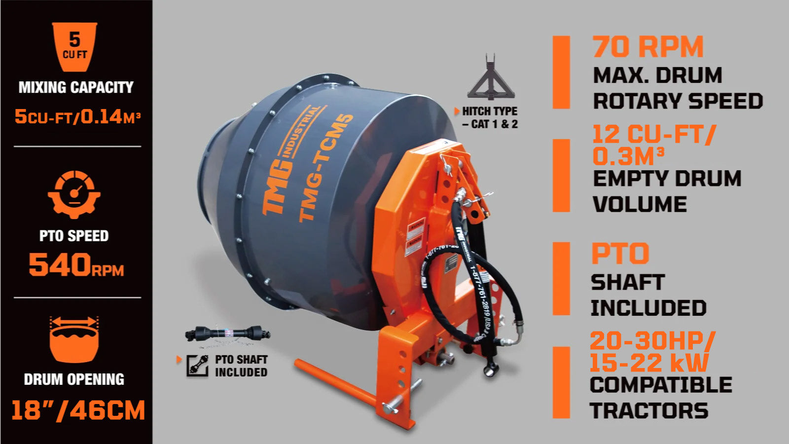 Cementmixer met 3-puntsophanging, 5 kubieke voet, inclusief aftakas, categorie 1 & 2 aansluiting TMG-TCM5-specifications-image