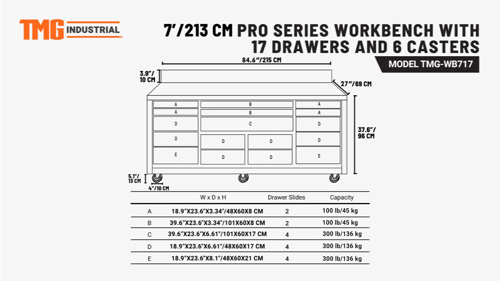 Pro Series 7-ft werkbank met 17 laden, roestvrijstalen blad, dubbele kogellagers en wielen TMG-WB717-specifications-image