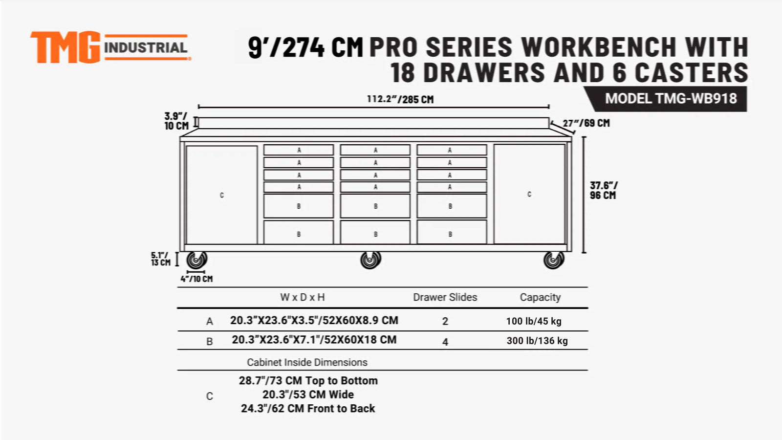 Pro Series 9-voet werkbank met 18 laden, roestvrijstalen blad, dubbele kogellagers en zwenkwielen, TMG-WB918-specifications-image