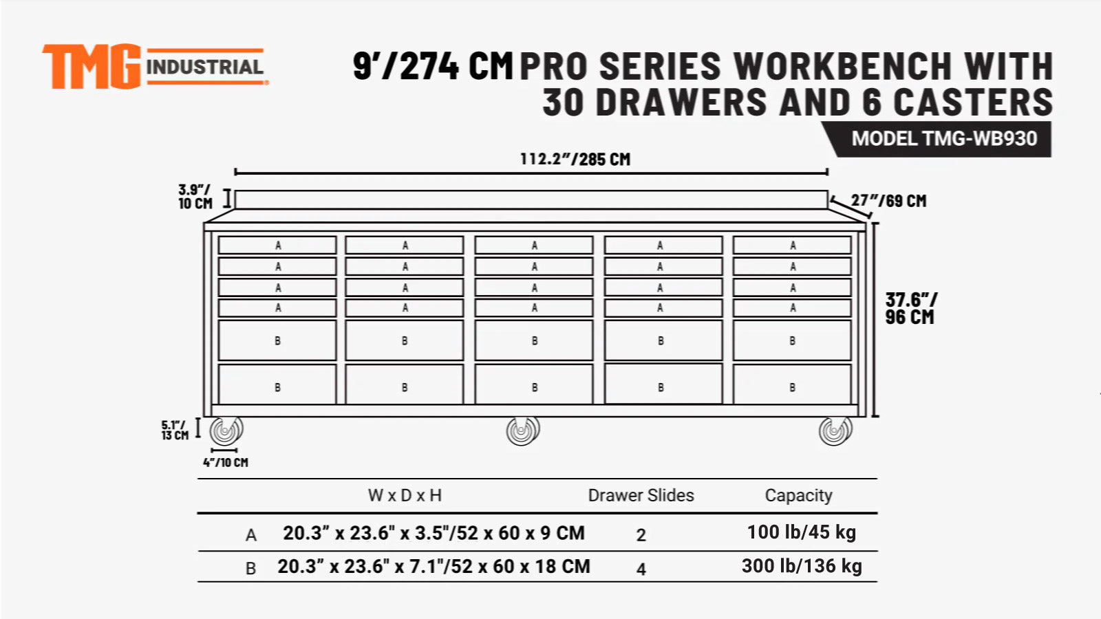 Pro Series 9-voet werkbank met 30 laden, roestvrijstalen blad, dubbele kogellagers en zwenkwielen, TMG-WB930-specifications-image