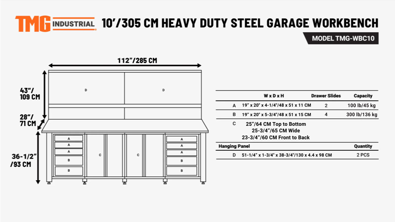 3 meter lange werkbank van commerciële kwaliteit met gereedschapsbord, massief houten blad en bankschroef, TMG-WBC10-specifications-image