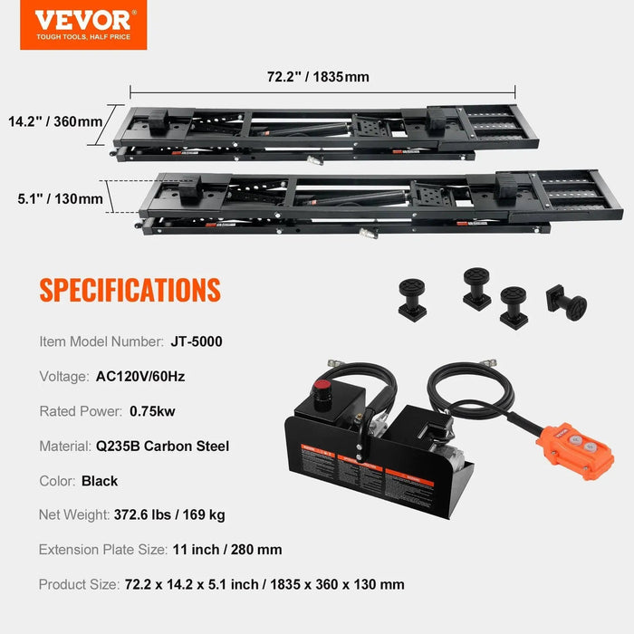 VEVOR Car Lift, 25.6" Max. Height, 5,000 LBS Capacity Portable Car Lift, with Extended-Length Plates, Heavy-duty Carbon Steel Truck Lift with 120V Power Unit, Auto Car Jack Lifts for Home Garage Shop, DOBA-ALT5000