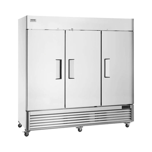 VEVOR Commercial Freezer 60.42 Cu.ft, Reach In 82.5" W Upright Freezer 3 Doors, Auto-Defrost Stainless Steel Reach-in Freezer with 12 Adjustable Shelves, -13 to 5°F Temp Control, 4 Wheels, DOBA-FZ60