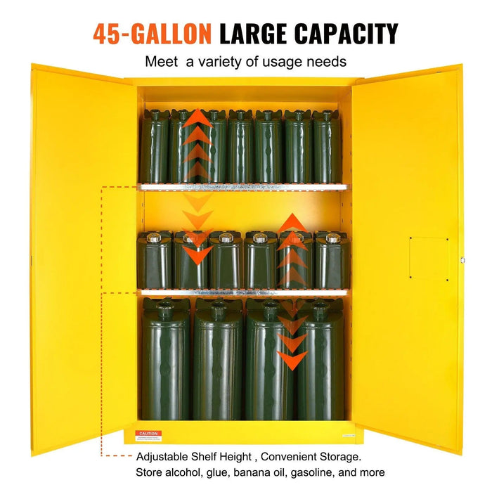 VEVOR Flammable Safety Cabinet, 45 Gal, Cold-Rolled Steel Flammable Liquid Storage Cabinet, 42.9 x 18.1 x 65.2 in Explosion Proof with 2 Adjustable Shelves 2 Manual Doors for Industrial Use, Yellow, DOBA-CF45