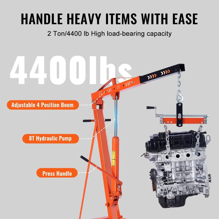 VEVOR Hydraulic Engine Hoist with Lever, 2 Ton/4400 LBS Heavy-duty Cherry Picker Shop Crane, Foldable Engine Crane and Engine Hoist leveler for Auto Repair, Motors, Weights Lifting, Loading, DOBA-HHL2