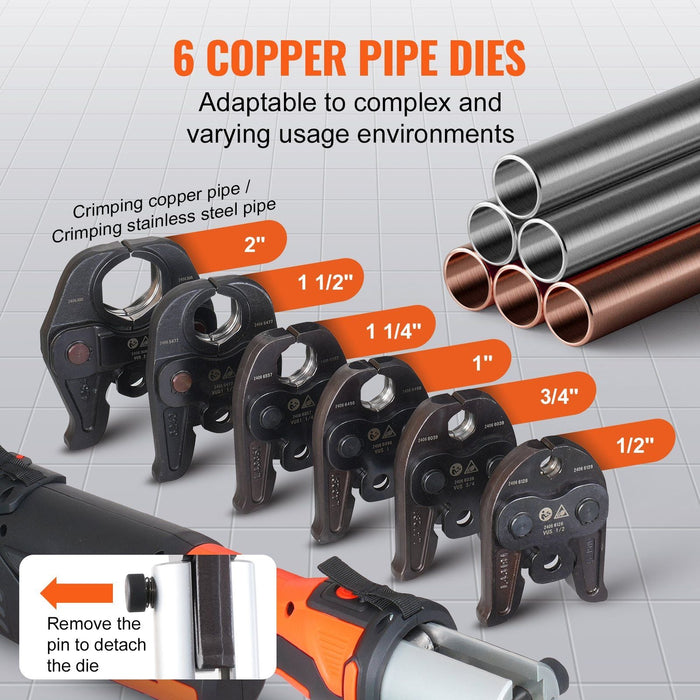 Pro Press Tool pijpkrimpset, snoerloos accupersgereedschap met 6 verwisselbare bekken, DOBA-PPT6