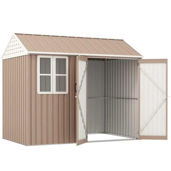 Metalen tuinschuur van 2,4 x 1,8 meter, extra groot, met deuren, raam en ventilatieopeningen, bruin, DOBA-MS86