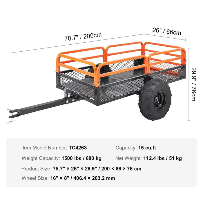 Stalen kipperaanhanger van 1500 lbs, inhoud 15 kubieke voet, afneembare zijwanden, te trekken achter maaiers/tractoren/quads, DOBA-DT1500