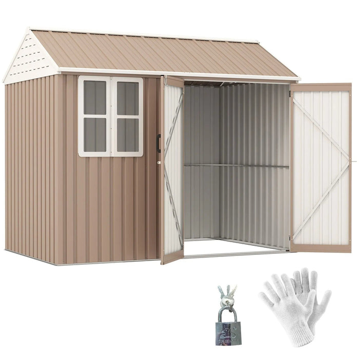 Metalen tuinschuur van 2,4 x 1,8 meter, extra groot, met deuren, raam en ventilatieopeningen, bruin, DOBA-MS86