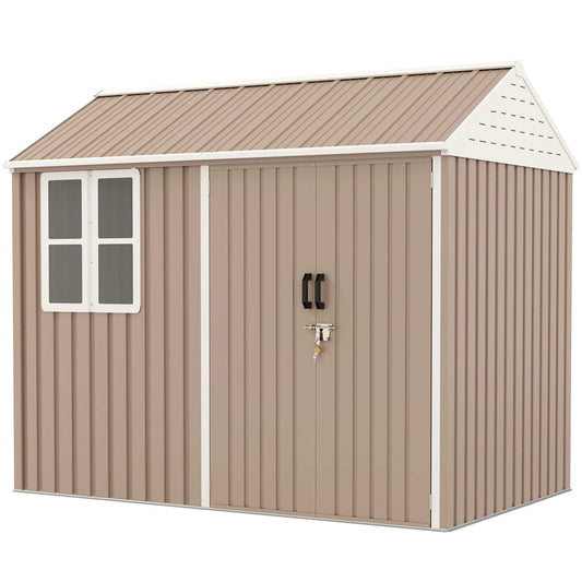 Metalen tuinschuur van 2,4 x 1,8 meter, extra groot, met deuren, raam en ventilatieopeningen, bruin, DOBA-MS86