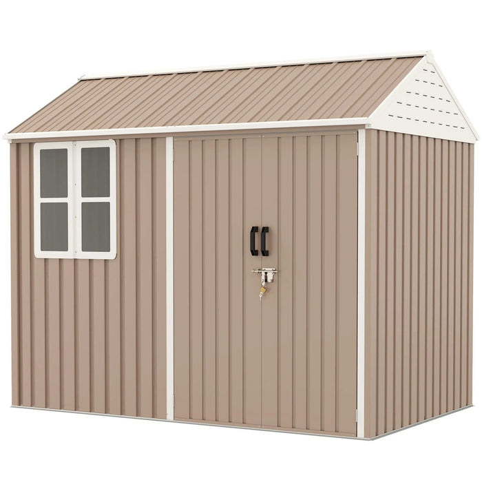 Metalen tuinschuur van 2,4 x 1,8 meter, extra groot, met deuren, raam en ventilatieopeningen, bruin, DOBA-MS86